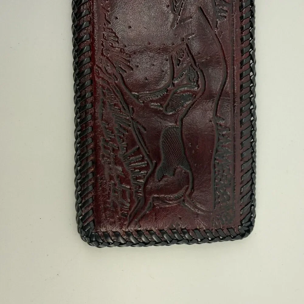 Vintage Hand Tooled Leather Billfold Wallet hunting dog bunny rabbit trifold